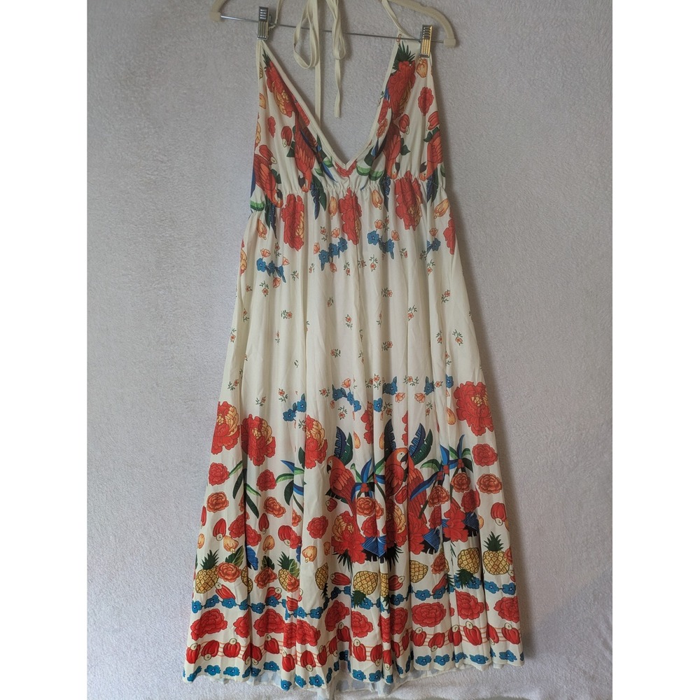Maxi Dress Women's M Cream Red Tropical Parrot Floral Halter Smocked